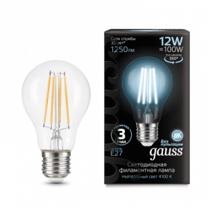 Лампа Gauss Filament А60 12W 1250lm 4100К Е27 LED 1/10/40